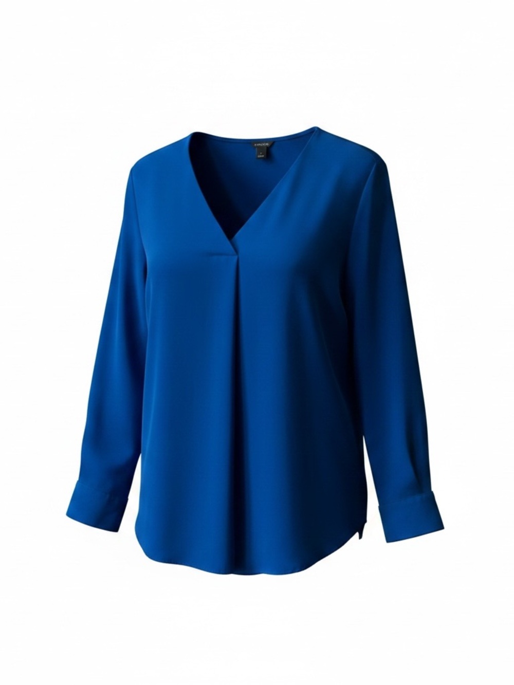 Ann Taylor Pleated Front Draper Blouse Size L V-neck Curved Hem Depp Blue